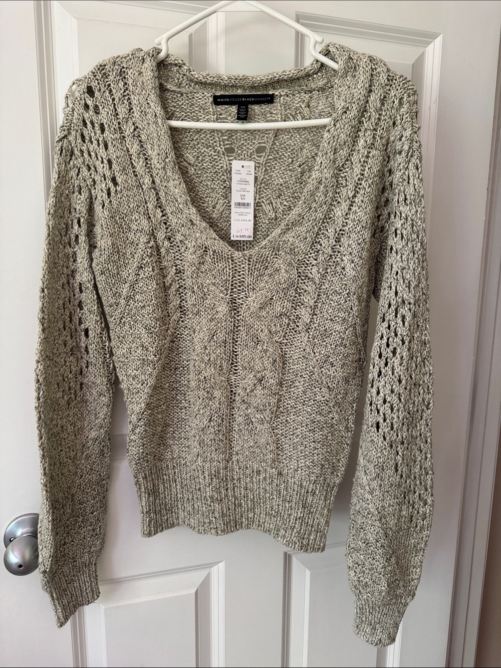 White House Black Market Light Gray V-Neck Cable Knit Sweater